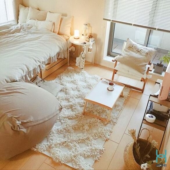 phòng ngủ kiểu hàn quốc đơn giản với tông màu trắng, xanh lá