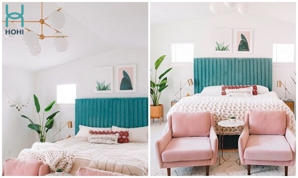 hình ảnh phòng ngủ màu hồng, xanh ngọc bích