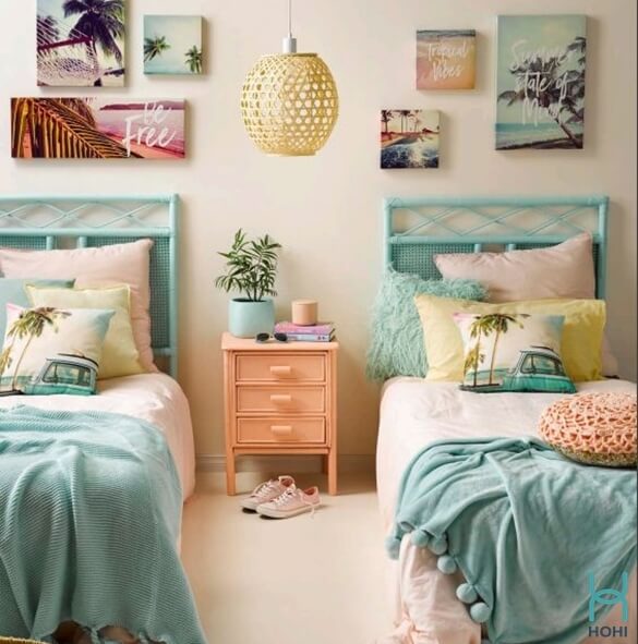 trang trí phòng ngủ màu hồng, xanh ngọc