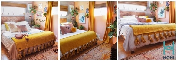 căn phòng ngủ màu vàng hồng phong cách boho