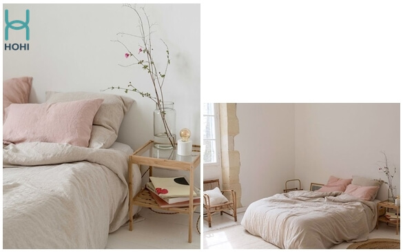 decor phòng ngủ đơn giản màu trắng xám hồng