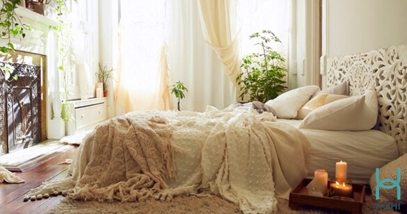 phòng ngủ không giường màu trắng phong cách hohemian