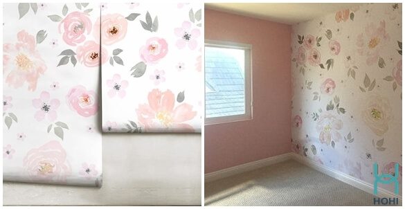 giấy dán tường hình hoa màu hồng trang trí phòng ngủ