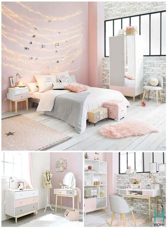 phòng ngủ trang trí màu hồng, trắng, xám