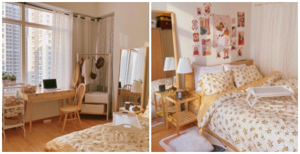 trang trí phòng ngủ cute phong cách hàn quốc màu trắng, vàng