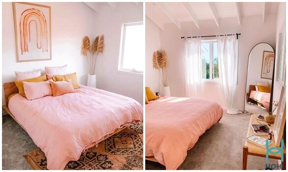 căn phòng ngủ màu hồng đào đơn giản
