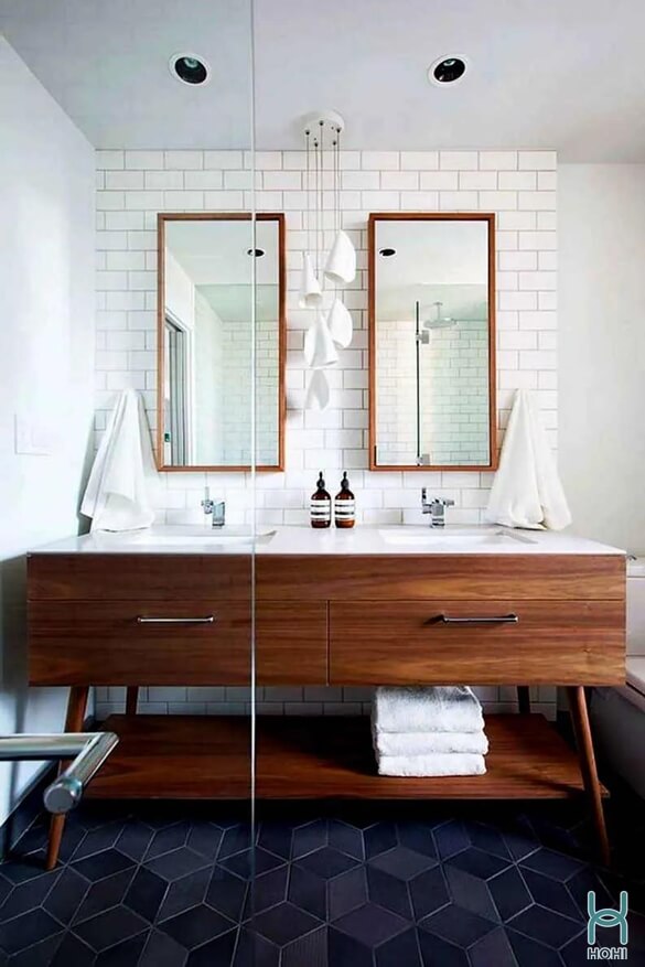 trang trí phòng tắm đơn giản thiết kế hiện đại màu trắng và gỗ tự nhiên, gương hình chữ nhật đứng