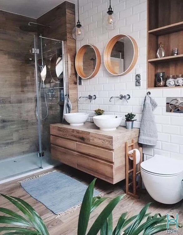 kết hợp giữ nội thất gỗ và cây xanh cho phòng tắm