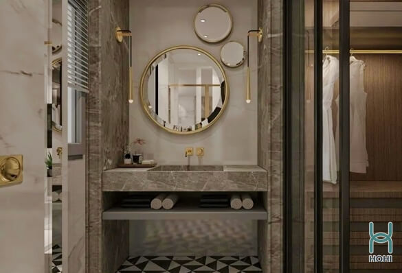gương phòng tắm hình tròn viền kim loại ánh vàng đẹp hiện đại.