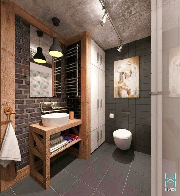 nội thất bằng gỗ cho nhà tắm phong cách nội thất industrial đơn giản hiện đại.