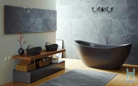 phong cách nội thất industrial sử dụng vật liệu đá cho phòng tắm. Bồn tắm, bồn rửa tay màu đen sang trọng.