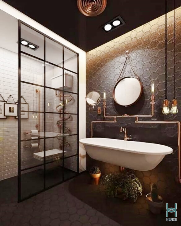 gạch tổ ong ốp tường, lót sàn màu đen cho phòng tắm phong cách công nghiệp.