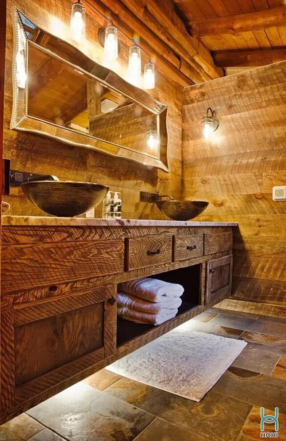 nhà tắm bằng gỗ với kệ, chậu rửa bằng gỗ