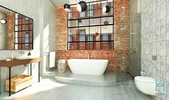 trang trí phòng tắm phong cách công nghiệp với tường gạch nung thô.