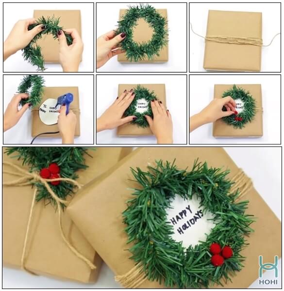 gói quà giáng sinh handmade đơn giản hình vòng nguyệt quế với giấy vintage.