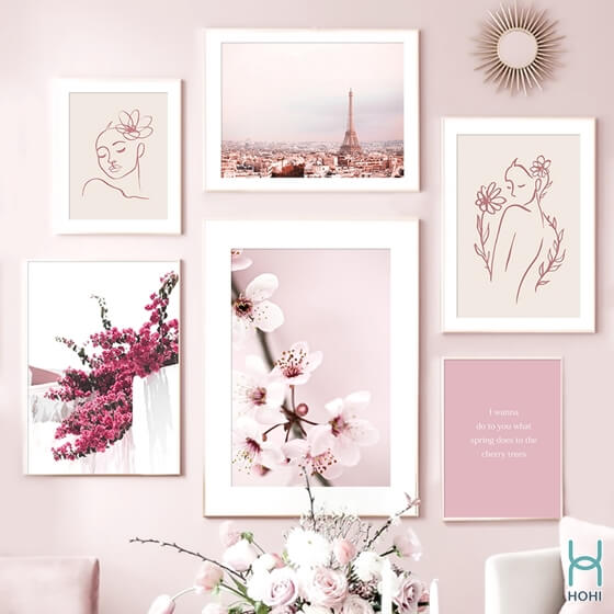 tranh canvas hoa đào màu hồng trang trí tường nhà ngày tết.