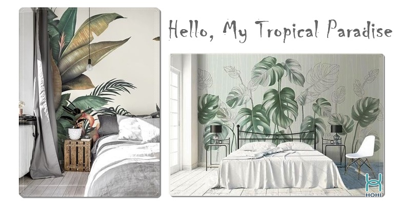 trang trí nhà phong cách nhiệt đới tropical. Giấy dán tường hình cây lá màu xanh